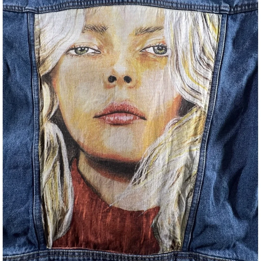 ZARA‎ Denim Hoodie Women S Blue Black Women in Art Graphic Hybrid Jacket SS19